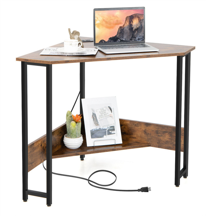 Triangle Computer Corner Desk with Charging Station-Rustic BrownCostway Gallery View 9 of 11